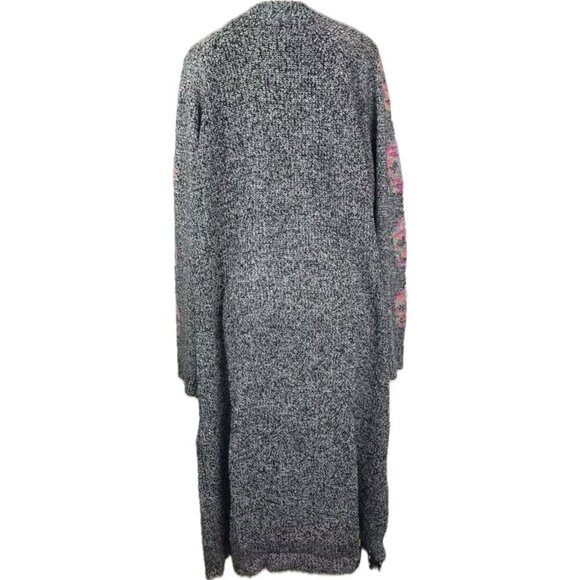 Lovesick +4 Open Front Black-Gray Weave Long Sleeve Skull Print Midi Sweater - Picture 4 of 6